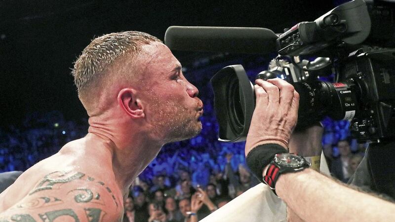 Carl Frampton yells into the camera after his pulsating victory over Nonito Donaire at the SSE Arena on Saturday night <br />Picture: PA
