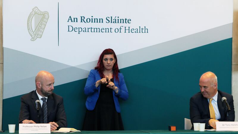 &nbsp;Dr Tony Holohan, Chief Medical Officer, Department of Health (right) and Professor Philip Nolan, Chair of the NPHET Irish Epidemiological Modelling Advisory Group, speaking during a COVID-19 update briefing at the Department of Health, in Dublin.