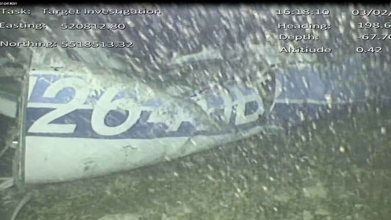 Still from handout video issued by the Air Accidents Investigation Branch showing the rear left side of the fuselage, including part of the aircraft registration, in the wreckage of the plane which was carrying Cardiff City footballer Emiliano Sala, after it was discovered in the English Channel Picture by AAIB/PA 