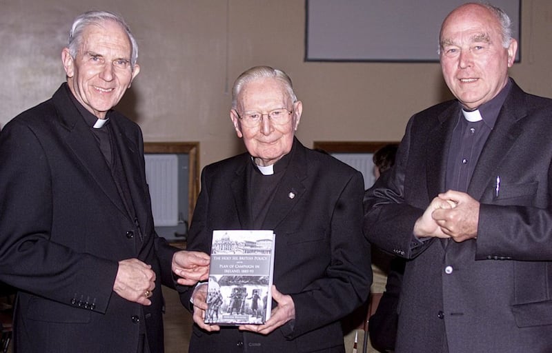 Monsignor Ambrose Macaulay [right] with Bishop Patrick Walsh [left] and Cardinal Cahal Daly at the launch of his book The Holy See, British Policy and the Plan of Campaign in Ireland, 1885-93. Picture by Brendan Murphy 