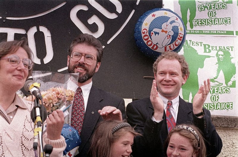 Gerry Adams and Martin McGuinness at Connolly House in Belfast addressing the media about the IRA ceasefire on August 31 1994. Picture by Pacemaker