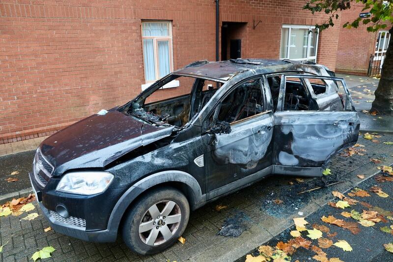 A car was destroyed during an arson attack in south Belfast in the early hours of Monday morning. Picture, Mal McCann