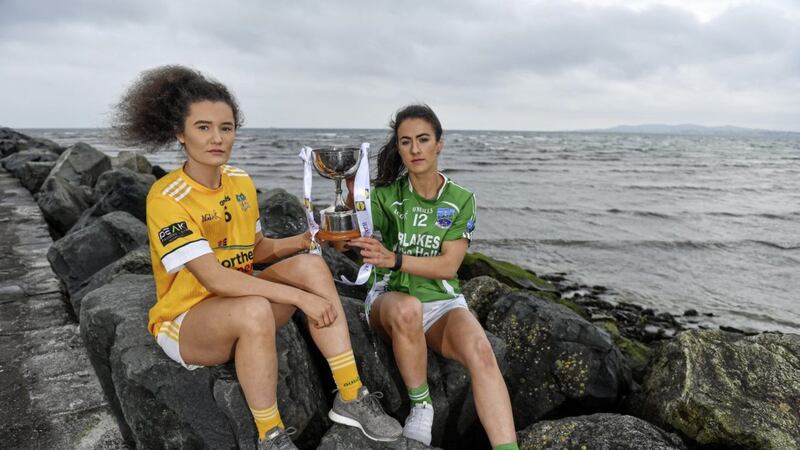 Antrim&#39;s Saoirse Tennyson (left) and Joanne Doonan of Fermanagh at the launch of the Lidl Ladies National Football League finals media day at Poolbeg Beach in Dublin 