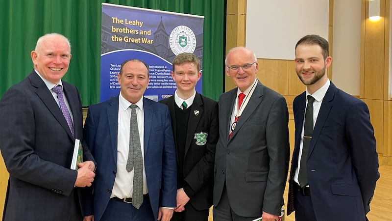 Historian and past pupil John Gordon, St Malachy’s College Principal Mr Paul McBride, Head Prefect Simon Mulholland and teacher Mr Conor McGinn pictured at the launch of St Malachy’s College and the Great War