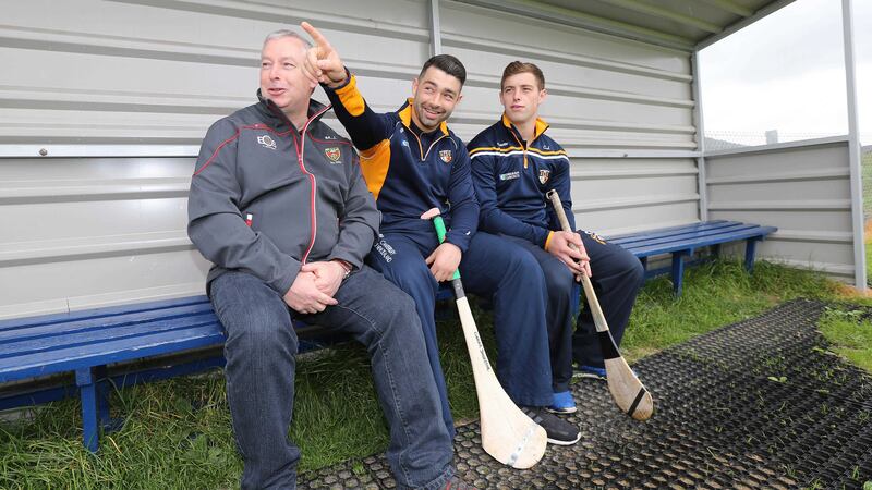 Down boss Michael Johnston with sons and Antrim players Conor and Cairan pictured on Friday ahead of Saturday's Christy Ring Cup clash between the counties <br />Picture by Hugh Russell&nbsp;