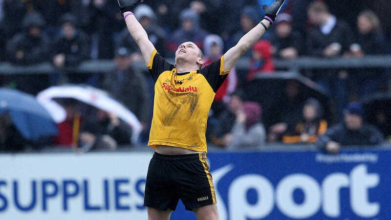 Bundoran&#39;s Christy Keaney celebrates after his side defeated Glenavy in the AIB Ulster Intermediate Football Club Championship semi-final. Pictures by Philip Walsh 