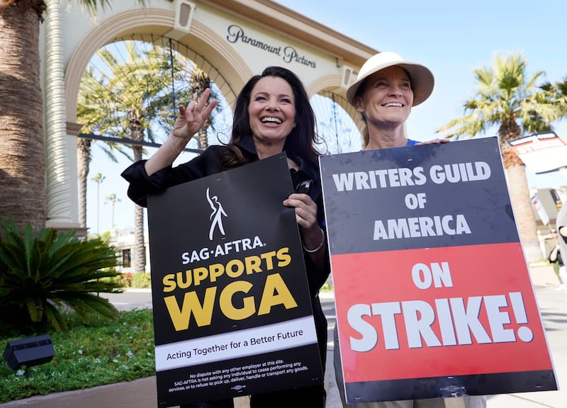 A rally by striking writers outside Paramount Pictures studio in Los Angeles in the US