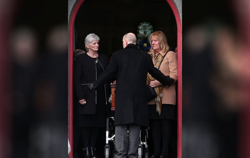 Bobby Sands' sisters Marcella and Bernadette beside the coffin of their mother Rosaleen (95) at the funeral in St Oliver Plunkett's Church, Blackrock, Co Louth. Picture by Mal McCann<br />&nbsp;