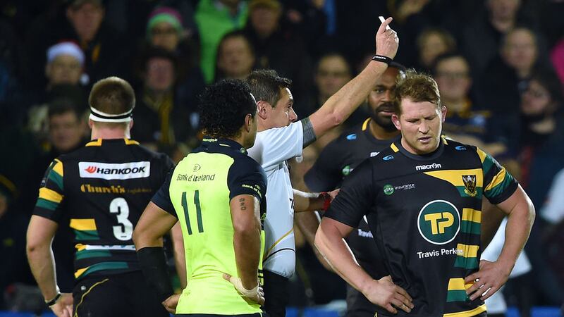 Northampton Saints' Dylan Hartley is shown a red card by referee Jerome Garces during the European Champions Cup match at Franklin's Gardens&nbsp;