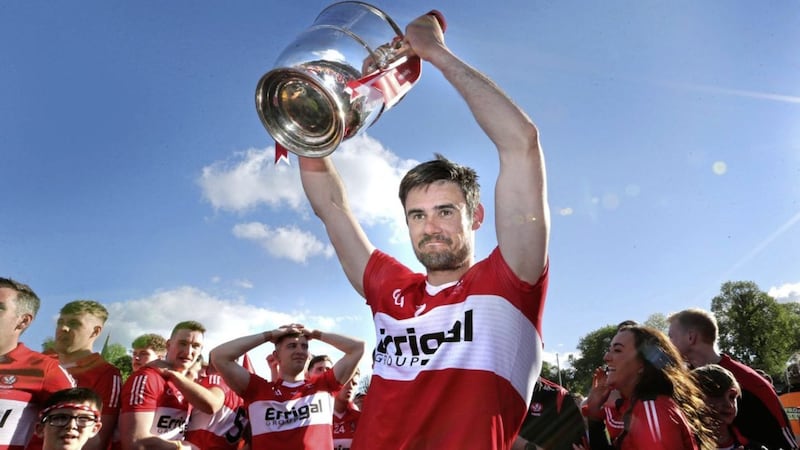Derry captain Chrissy McKaigue hoists the Anglo-Celt after the Oak Leafers beat Donegal in the Ulster final. Picture Margaret McLaughlin. 