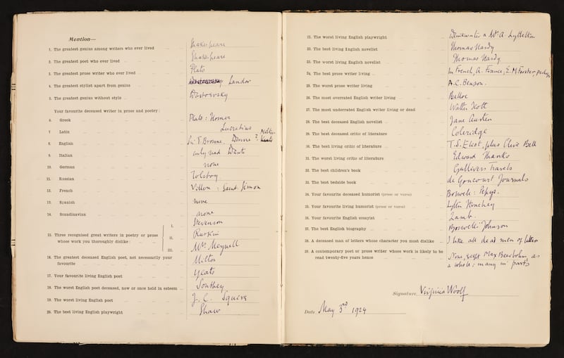 Virginia Woolf answered all 39 questions in her distinctive purple ink (Dominic Winter Auctioneers/PA).