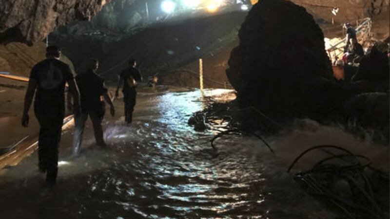This photo tweeted by Elon Musk shows efforts underway to rescue trapped members of a youth soccer team from a flooded cave in northern Thailand&nbsp;