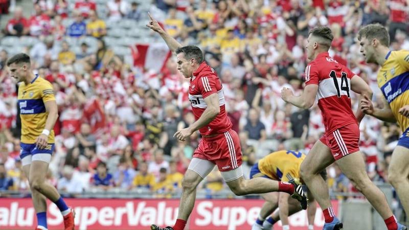 Derry&#39;s Benny Heron celebrates his goal against Clare during last year&#39;s All-Ireland SFC quarter-final at Croke Park. Picture Margaret McLaughlin 
