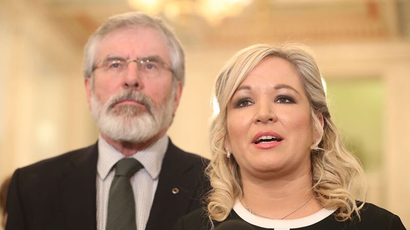 Sinn Fein's Gerry Adams and Michelle O'Neill in the Great Hall, Stormont speaking to the media after talks to restore a powersharing government collapsed&nbsp;