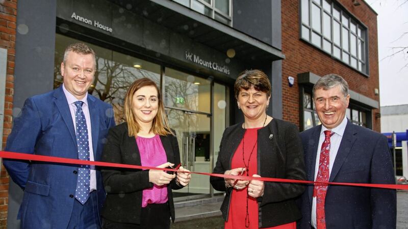 Ministers Arlene Foster and Megan Fearon open the new &pound;1.6m Annon House on the Ormeau Road, watched by Mount Charles managing director Cathal Geoghegan and its founder and chairman Trevor Annon 