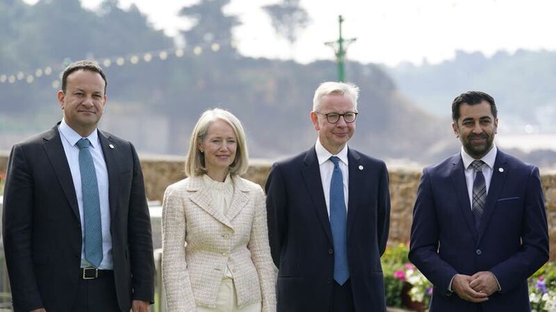 (left to right) Taoiseach Leo Varadkar, Chief Minister of Jersey Kristina Moore, Michael Gove and First Minister of Scotland Humza Yousaf at the British-Irish Council summit meeting at the L’Horizon Hotel in St Brelade’s Bay, Jersey (PA)