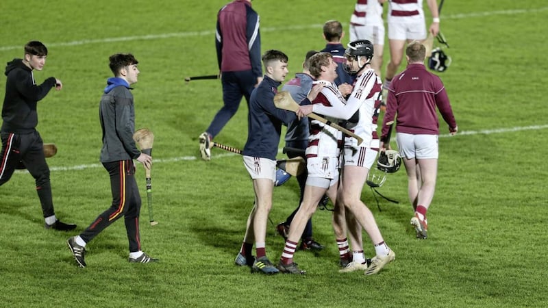 Slaughtneil celebrate after beating Dunloy during the Ulster Club Senior Hurling Championship semi final at the Athletic Grounds, Armagh&nbsp;<br />Picture: Margaret McLaughlin