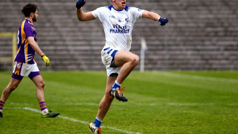Barry Fortune celebrates his winning goal for Cavan Gaels Picture by Seamus Loughran