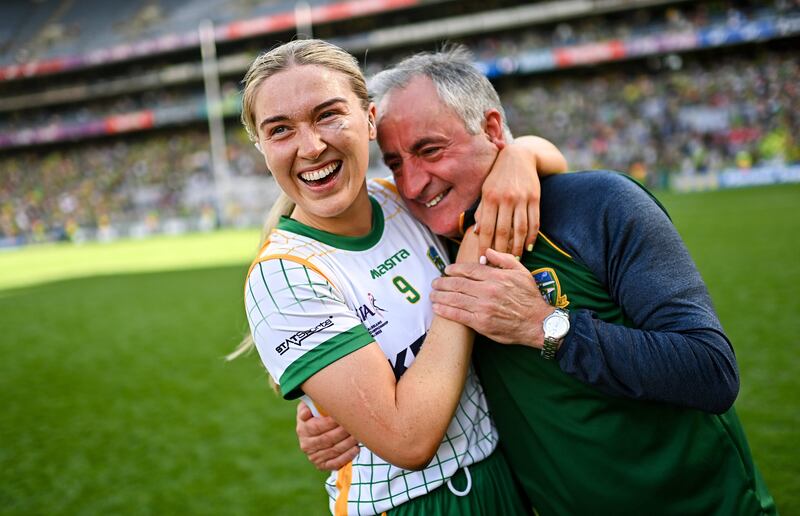 Orlagh Lally of Meath celebrates with an emotional Meath manager Eamonn Murray after the TG4 All-Ireland Ladies Football Senior Championship Final match between Kerry and Meath at Croke Park in Dublin. Photo by Ramsey Cardy/Sportsfile