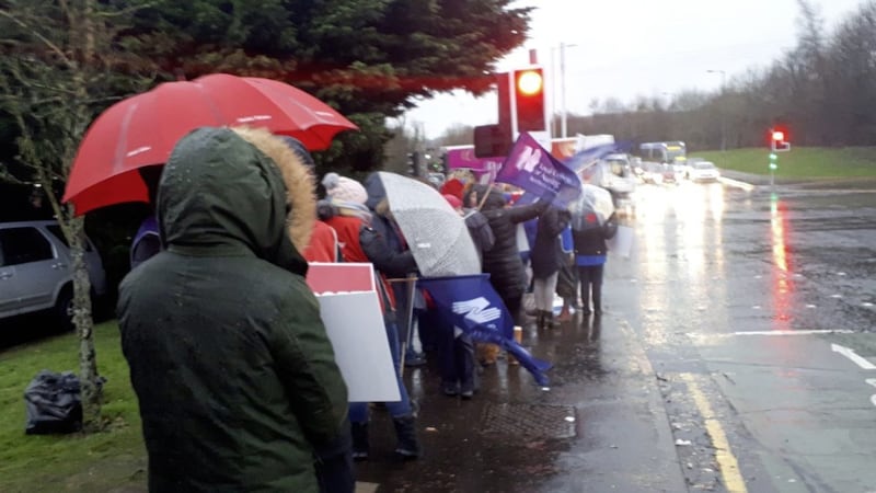 Healthcare staff picket line at the Ulster Hospital. 