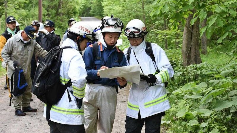 Rescuers search for the missing boy in a forest in Nanae town, on Hokkaido. Picture by Kyodo News, Associated Press