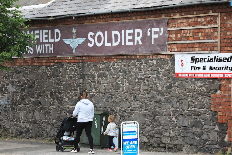 A banner supporting Soldier F hangs from a wall in east Belfast in 2021