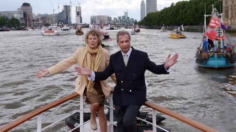 Ukip&#39;s Nigel Farage and Kate Hoey on board a boat taking part in a Fishing for Leave pro-Brexit &quot;flotilla&quot; on the River Thames, London in June 