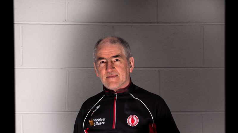 <span style="font-family: Arial, sans-serif; ">Tyrone manager Mickey Harte with the Allianz National Football League Division Two trophy at Monday's launch of Sunday's Croke Park final<br />Picture by Sportsfile&nbsp;</span>