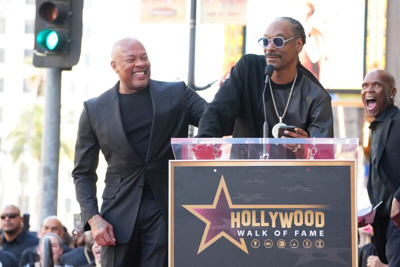 Dr Dre, left, and Snoop Dogg at the ceremony (Jordan Strauss/Invision/AP)