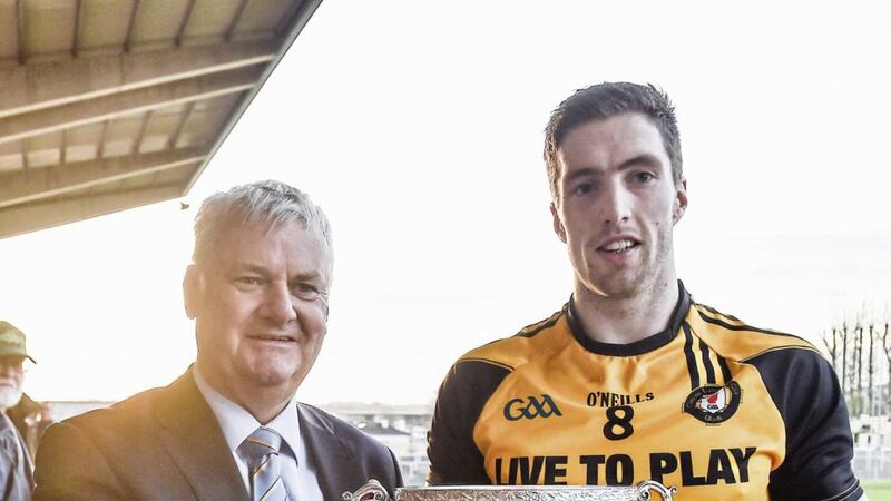 Ulster captain Eoin Donnelly is presented with football&#39;s &#39;Railway Cup&#39; by the then GAA President, Aogan O Fearghail in December 2016 - the last ever competition? 