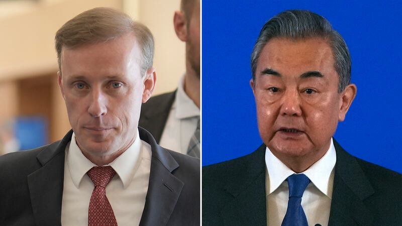 US national security advisor Jake Sullivan, left, and Chinese foreign minister Wang Yi are in Bangkok for talks (AP)