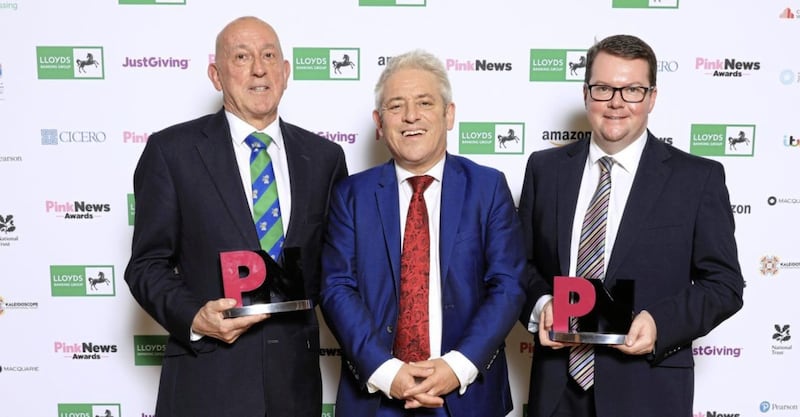 The politician of the year gong was jointly awarded to Labour MP Conor McGinn (right) and Conservative peer Lord Hayward (left), pictured with John Bercow 
