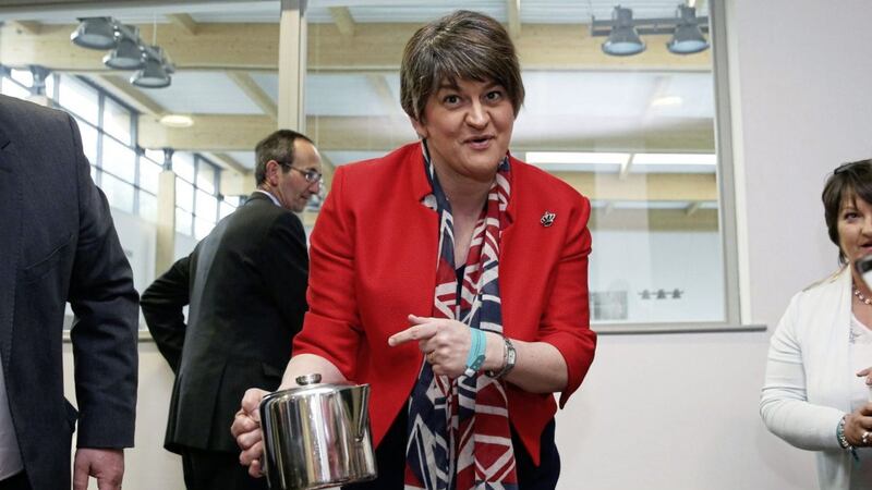 First Minister Arlene Foster with a pot of tea at the Omagh count centre during last year&#39;s assembly elections 