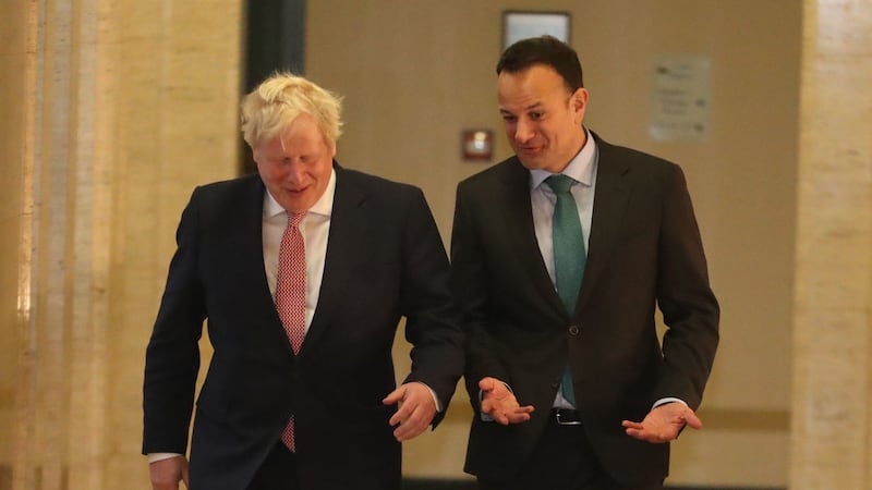 Taoiseach Leo Varadkar (right) and British prime minister Boris Johnson in Parliament Buildings, Stormont, Belfast. Picture by Liam McBurney/PA Wire&nbsp;