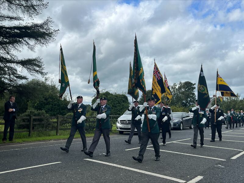 Soldiers marching at the memorial to mark the 35th anniversary of the Ballygawley bus bombing. (Claudia Savage/PA)