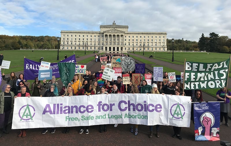 Pro-choice activists in the grounds of Stormont Parliament, Belfast this morning. Picture by Mal McCann&nbsp;