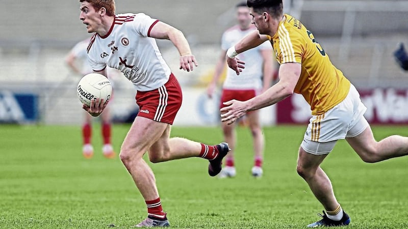 Action from last year&#39;s Ulster SFC meeting of Tyrone and Antrim. Picture Seamus Loughran 