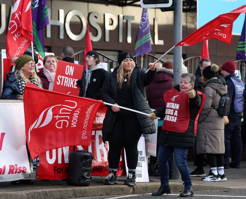 Striking health workers at the Mater Hospital in north Belfast this morning. Picture by Mal McCann