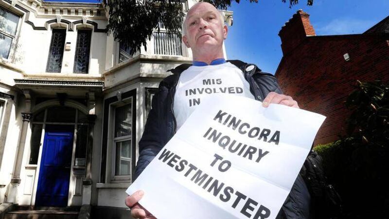 Kincora abuse victim Gary Hoy protesting outside the former boys&#39; home on Belfast&#39;s Newtownards Road earlier this year. Picture by Hugh Russell 