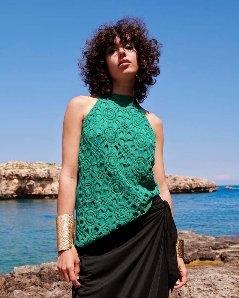 Monsoon Sleeveless Crochet Top with Lenzing Ecovero Green; Winnie Wrap Midi Skirt Black