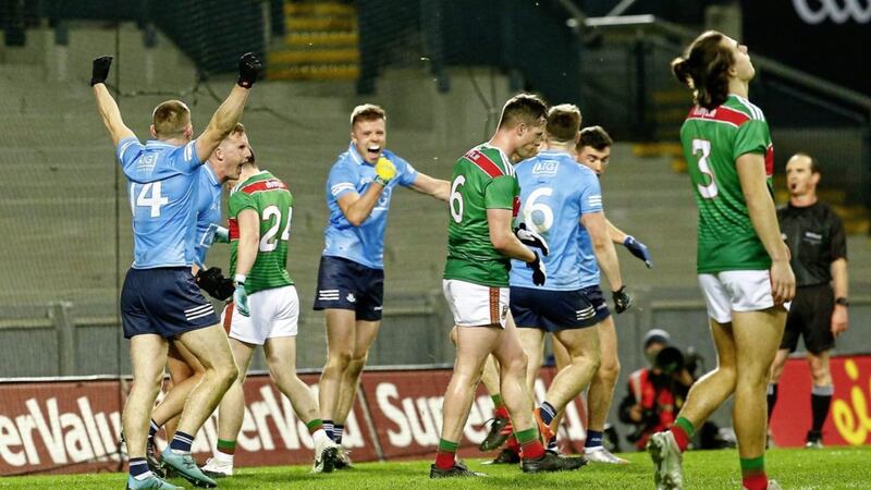 The Dublin players celebrate last December&#39;s All-Ireland final victory over Mayo - can they repeat the dose at Croke Park this evening? Picture by Philip Walsh 
