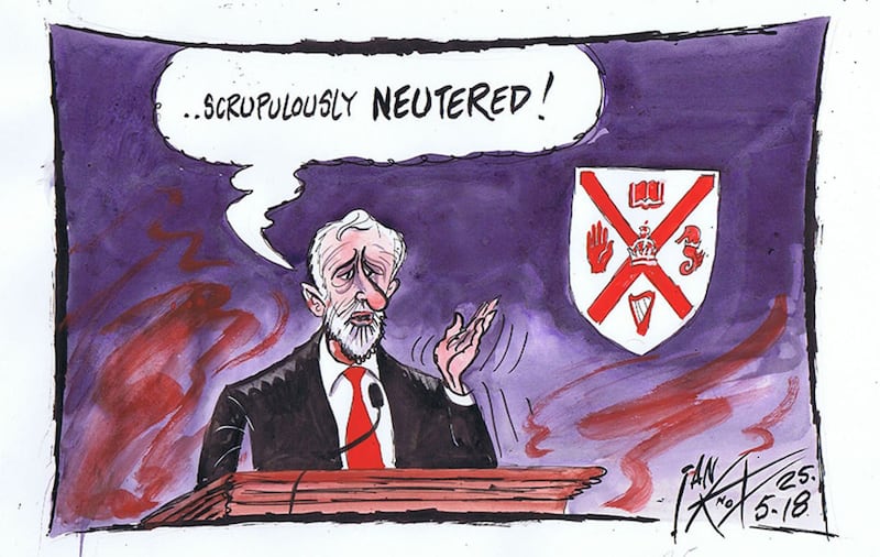 Ian Knox cartoon 25/5/18: In a speech at QUB Jeremy Corbyn pledges that were he PM his government would be neutral in the event of a border poll. The rest of the speech was less committal&nbsp;