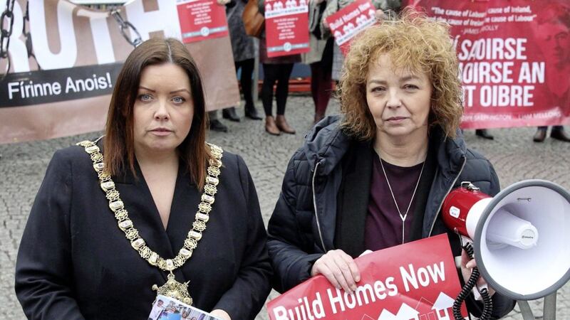 Sinn F&eacute;in&#39;s Deirdre Hargey and Car&aacute;l N&iacute; Chuil&iacute;n at a protest outside Belfast City Hall in 2018. Picture by Cliff Donaldson 