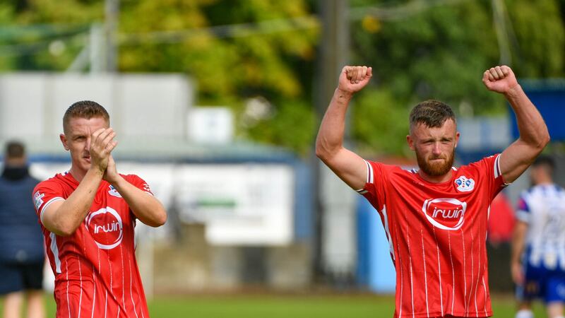 Loughgall players celebrate Saturday's victory over Newry City at the Showgrounds                   PICTURE: Pacemaker 