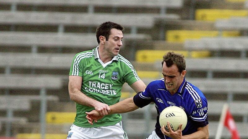Fermanagh&#39;s Rory Gallagher keeps a tight rein on Cavan&#39;s Eoin McGuigan 