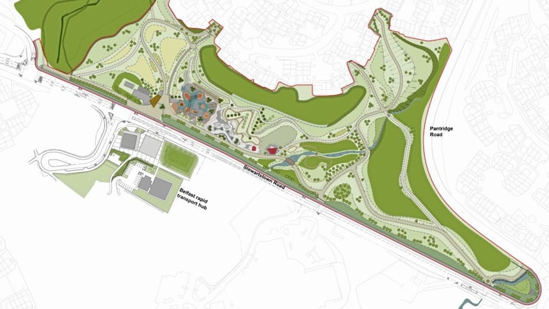 The new public park along the Stewartstown Road will include four main zones including a play and imagination zone playground 