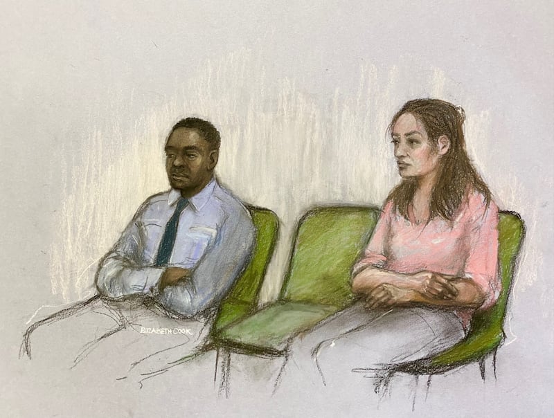 Court artist sketch of Constance Marten and Mark Gordon at the Old Bailey