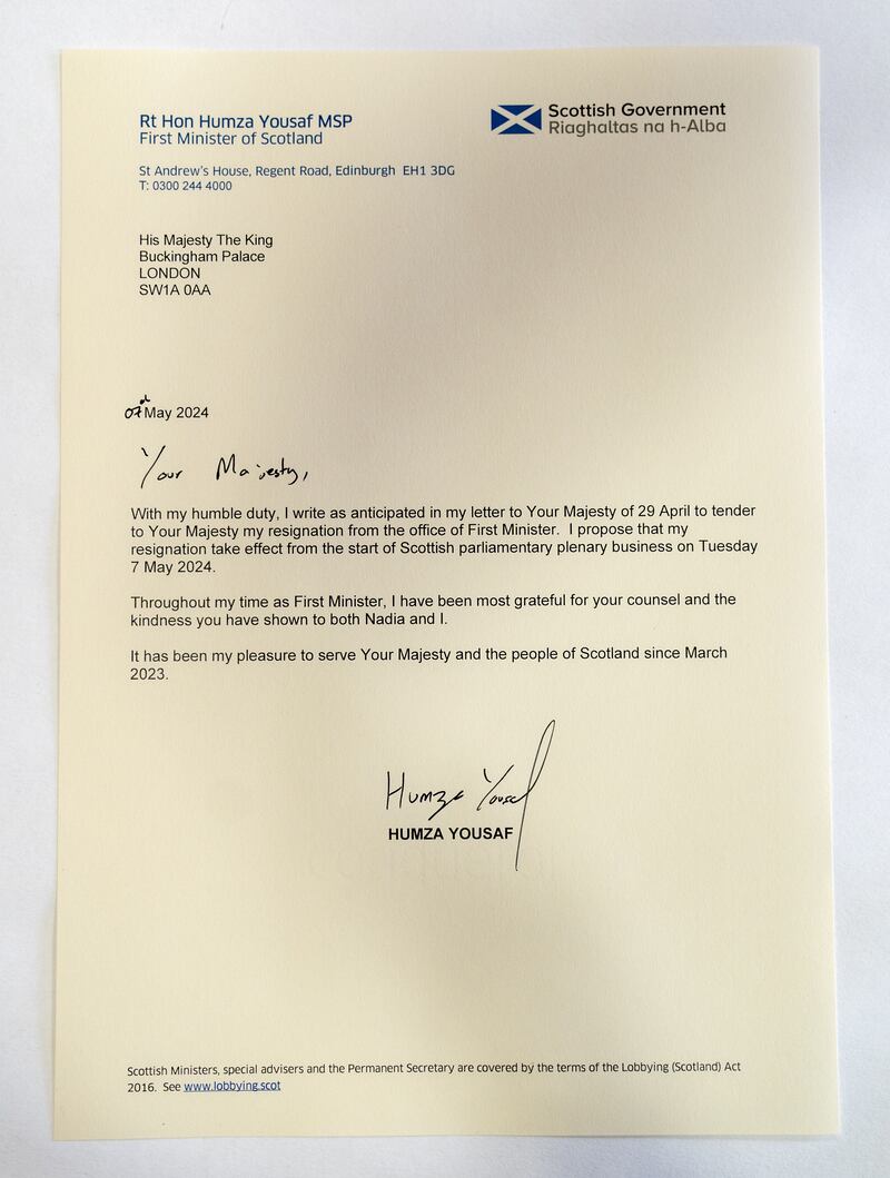 Humza Yousa’fs resignation letter to the King.