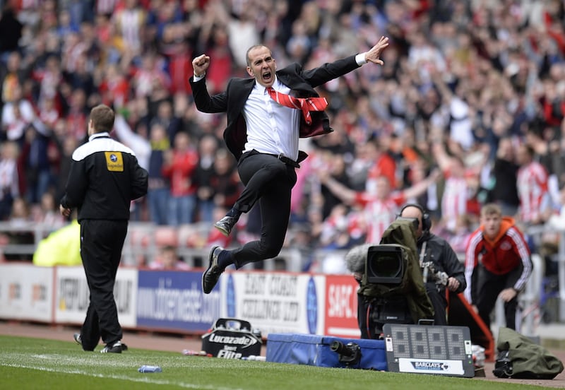 Sunderland's manager Paolo Di Canio celebrates his side's victory at the final whistle of the Barclays Premier League match against Everton at the Stadium of Light in Sunderland on Saturday April 20 2013. Picture by Owen Humphreys/PA Wire.