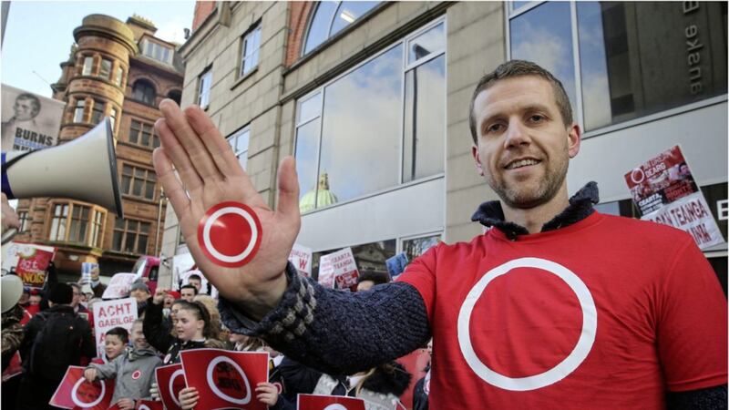 Ciar&aacute;n Mac Giolla Bh&eacute;in pictured at an Irish language protest at the Department of Communities offices in Belfast city centre. Picture by Hugh Russell 